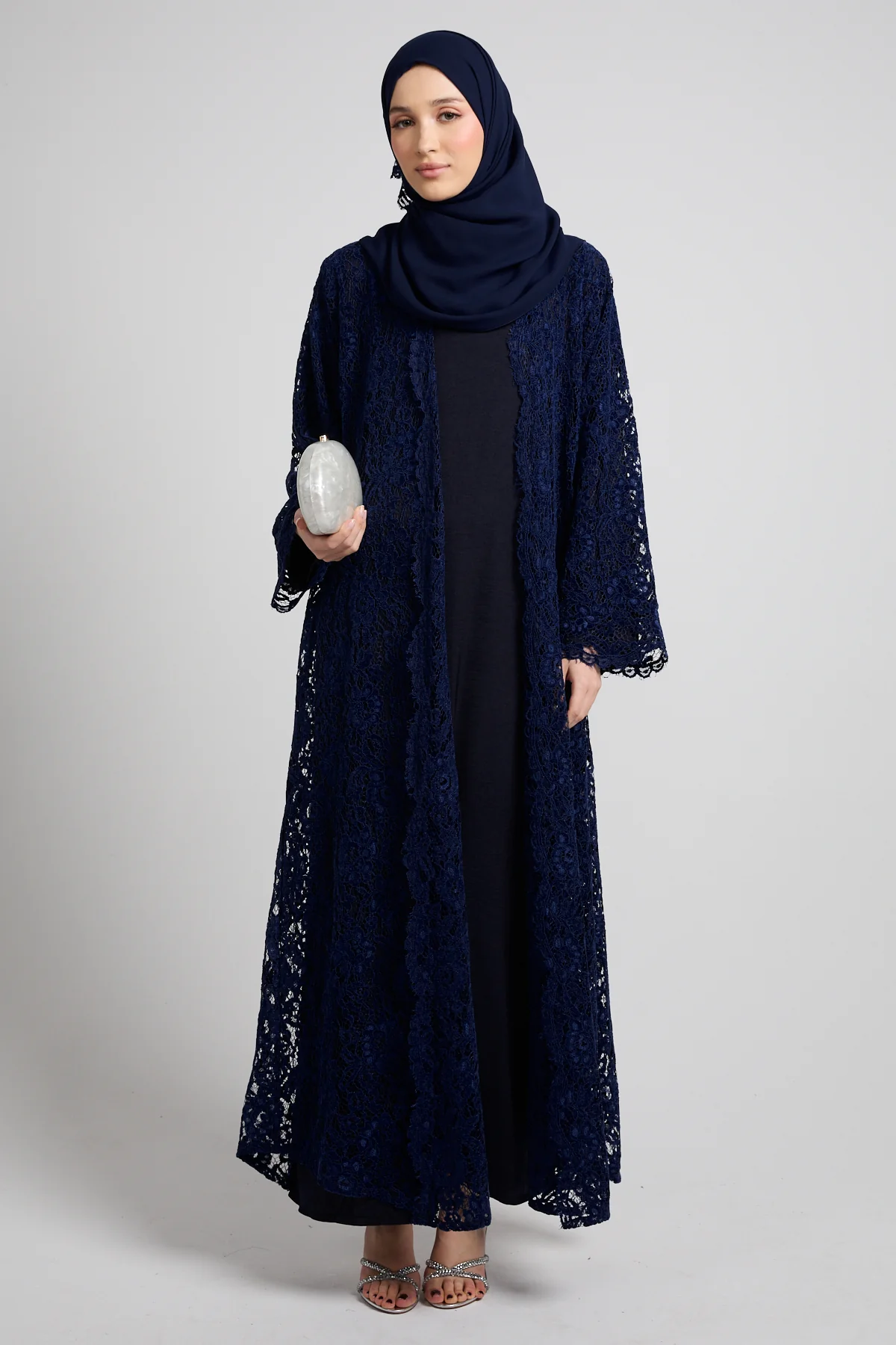 Luxe Bloom Lace Three Piece Abaya Set – Navy - Image 9