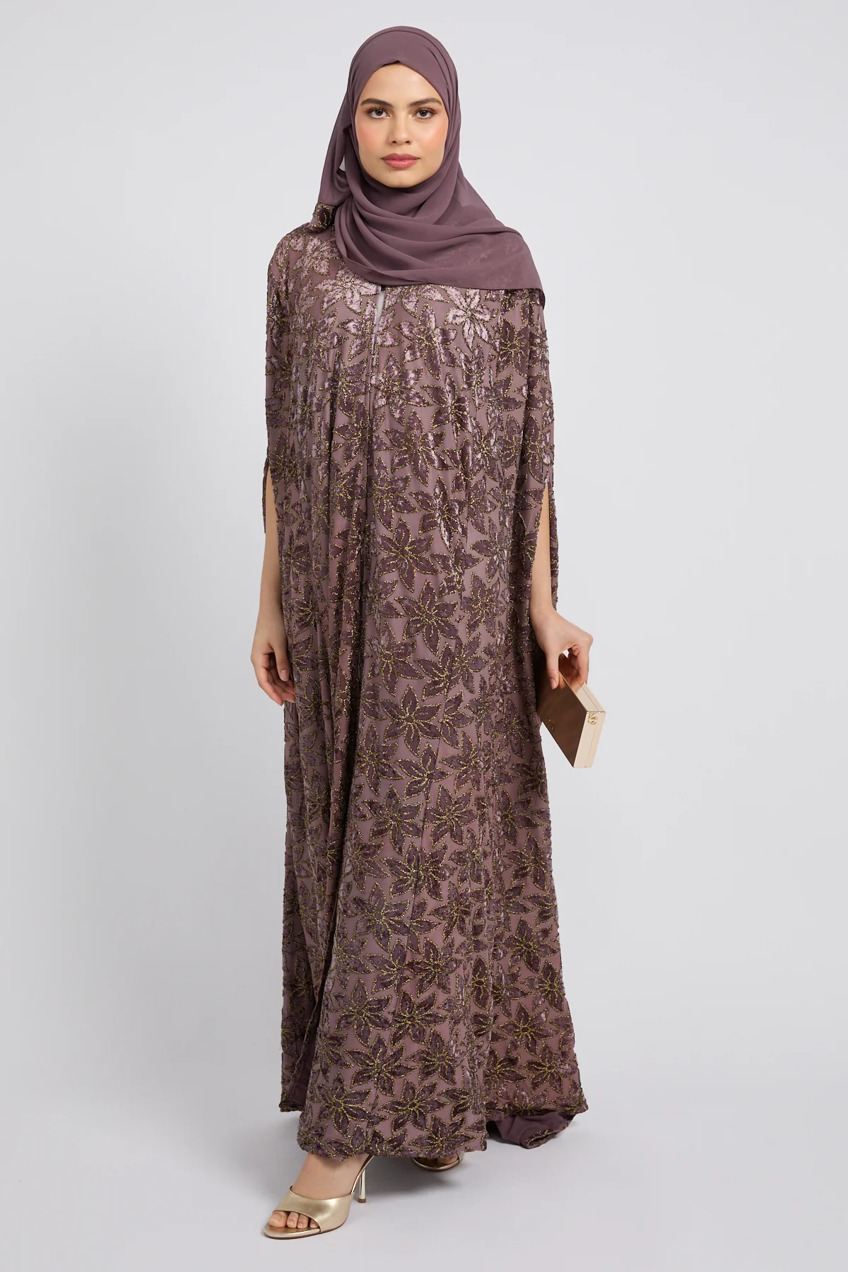 Luxury Arabesque Petal Cape Abaya - Dusky Plum- LIMITED EDITION - Image 6