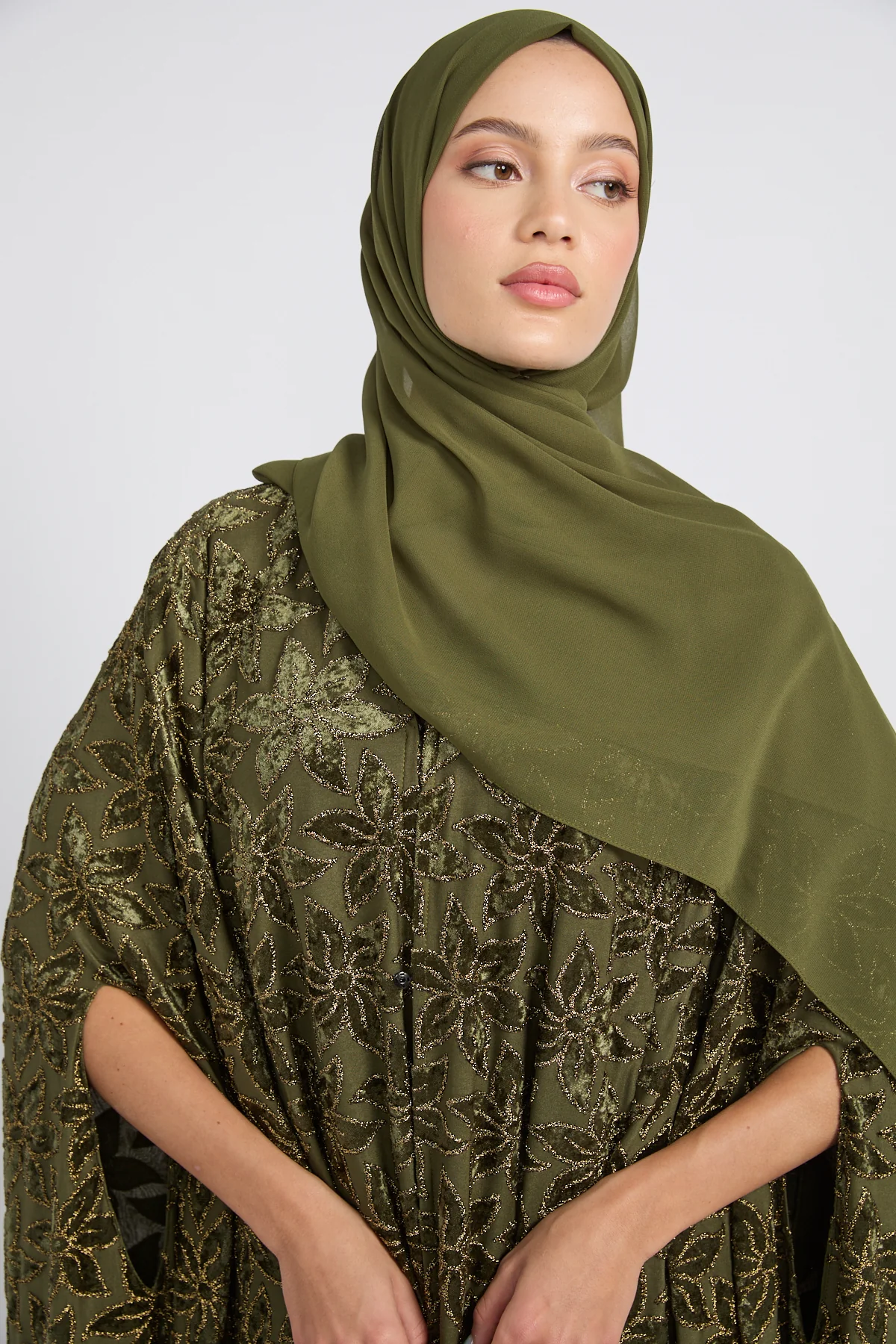 Luxury Arabesque Petal Cape Abaya - Olive Gold -  LIMITED EDITION - Image 2