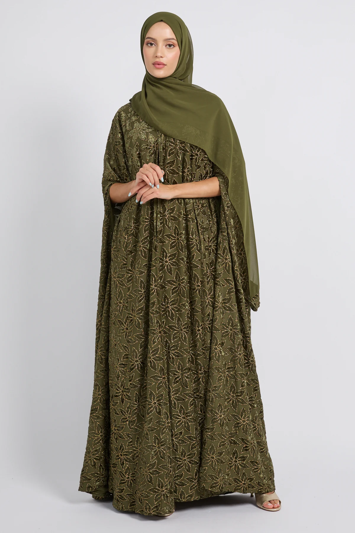 Luxury Arabesque Petal Cape Abaya - Olive Gold -  LIMITED EDITION - Image 3