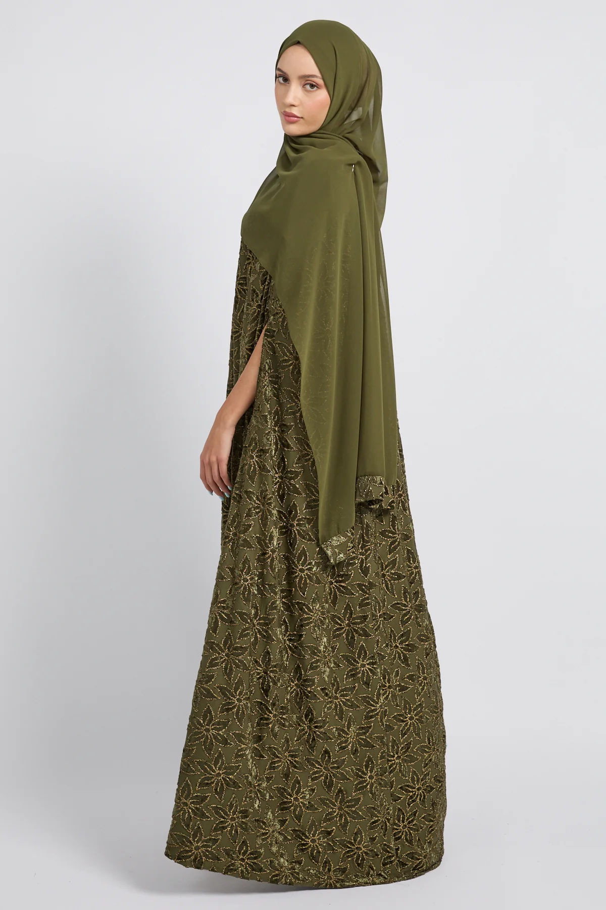 Luxury Arabesque Petal Cape Abaya - Olive Gold -  LIMITED EDITION - Image 4