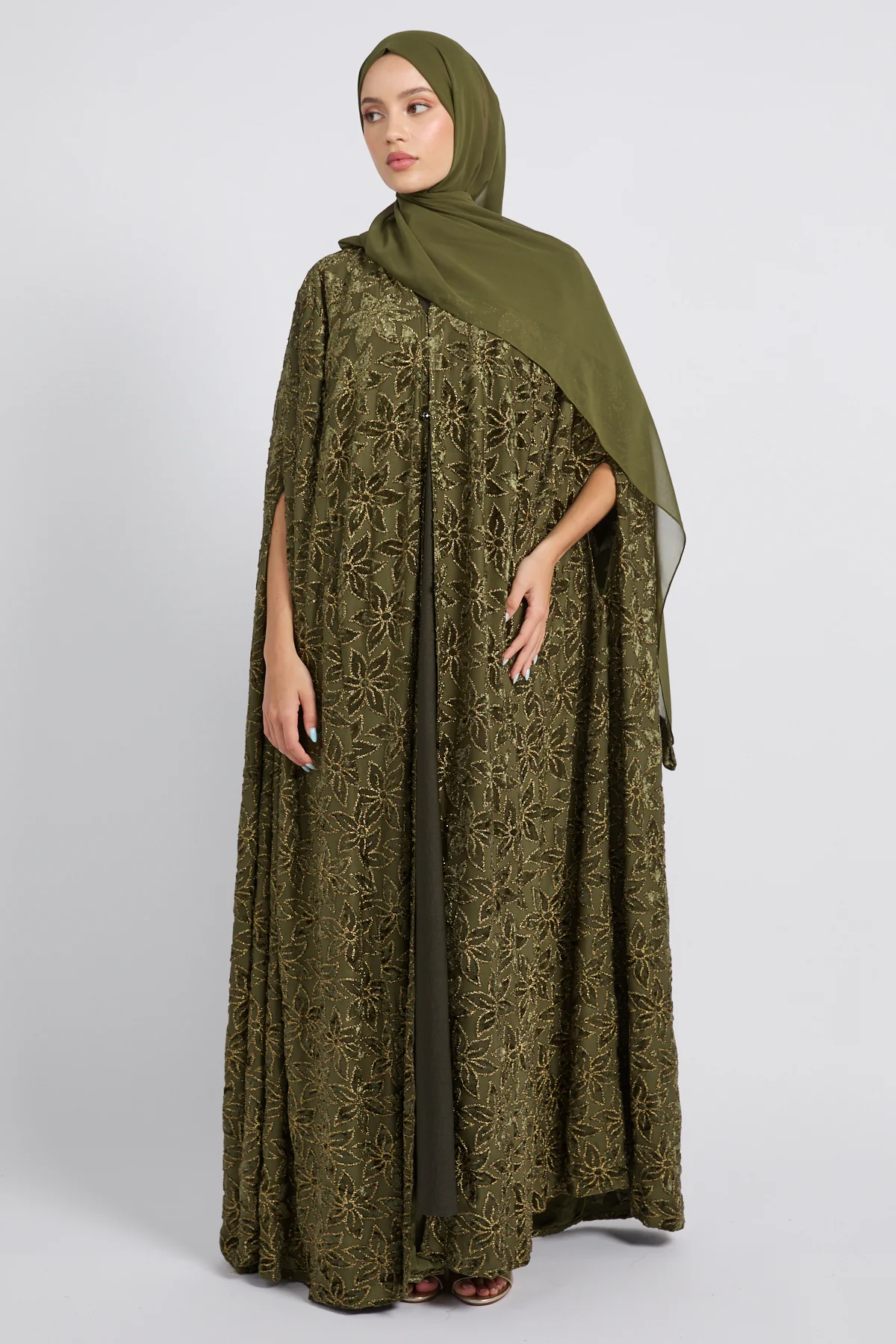 Luxury Arabesque Petal Cape Abaya - Olive Gold -  LIMITED EDITION - Image 5