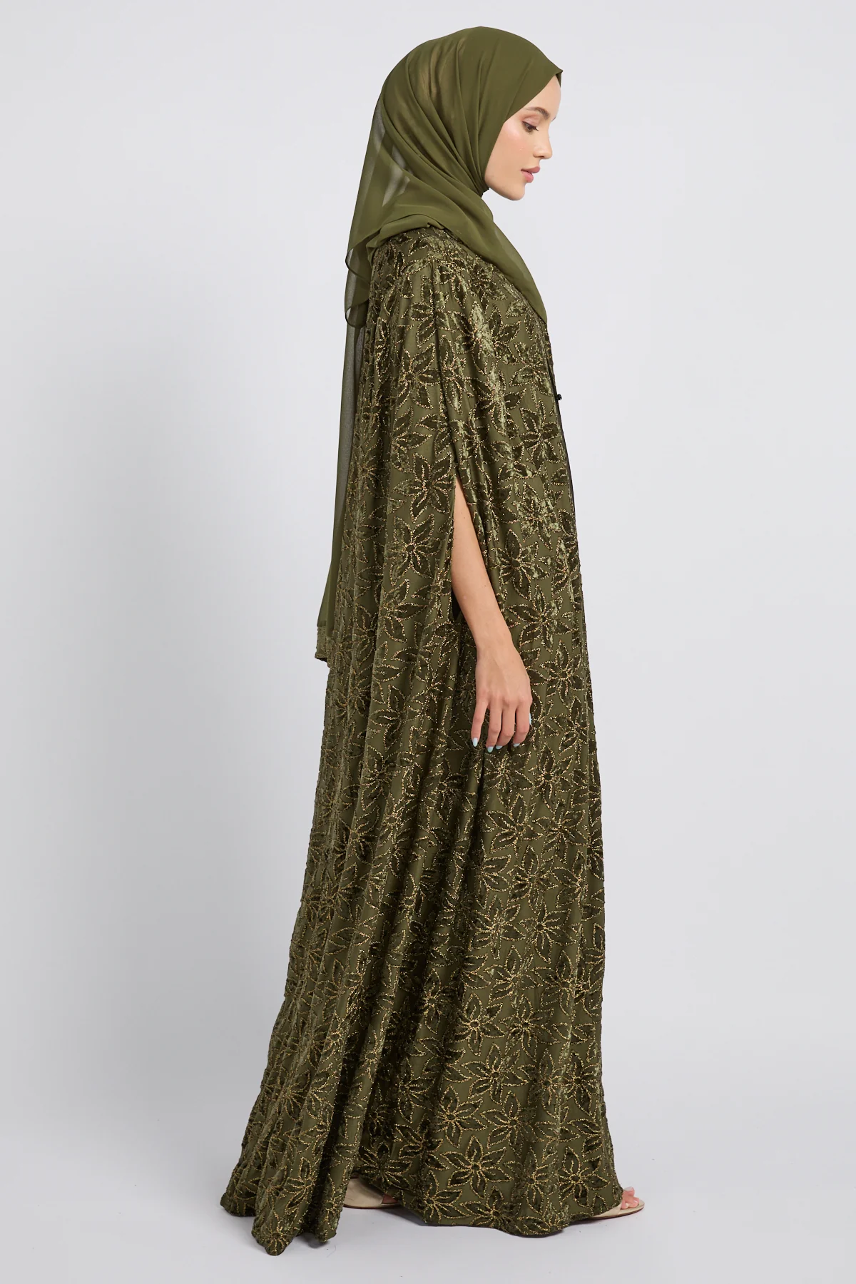 Luxury Arabesque Petal Cape Abaya - Olive Gold -  LIMITED EDITION - Image 6