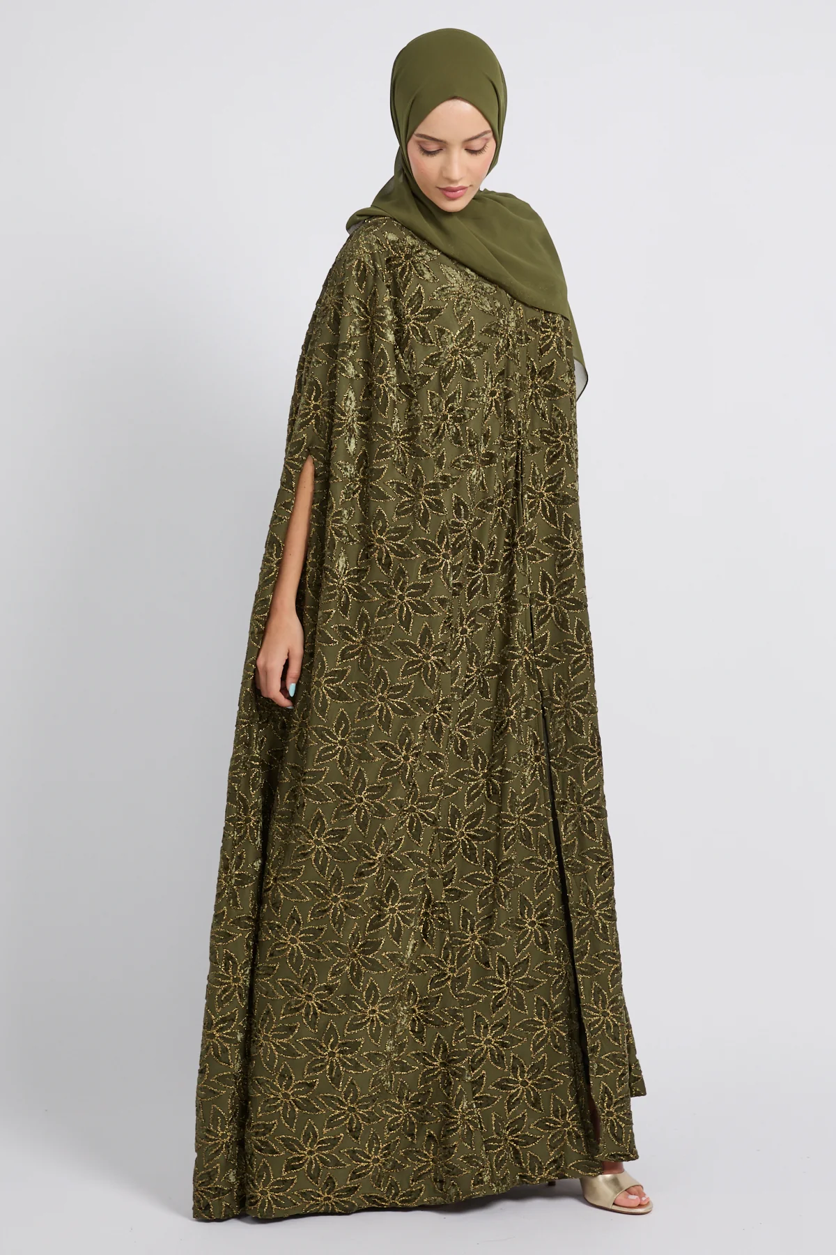 Luxury Arabesque Petal Cape Abaya - Olive Gold -  LIMITED EDITION - Image 7