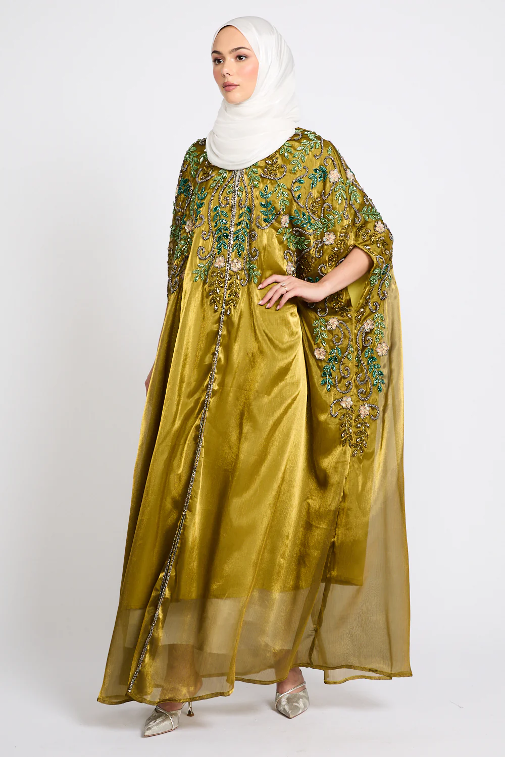 Luxury Bejewelled Cape - Golden Olive - Image 4