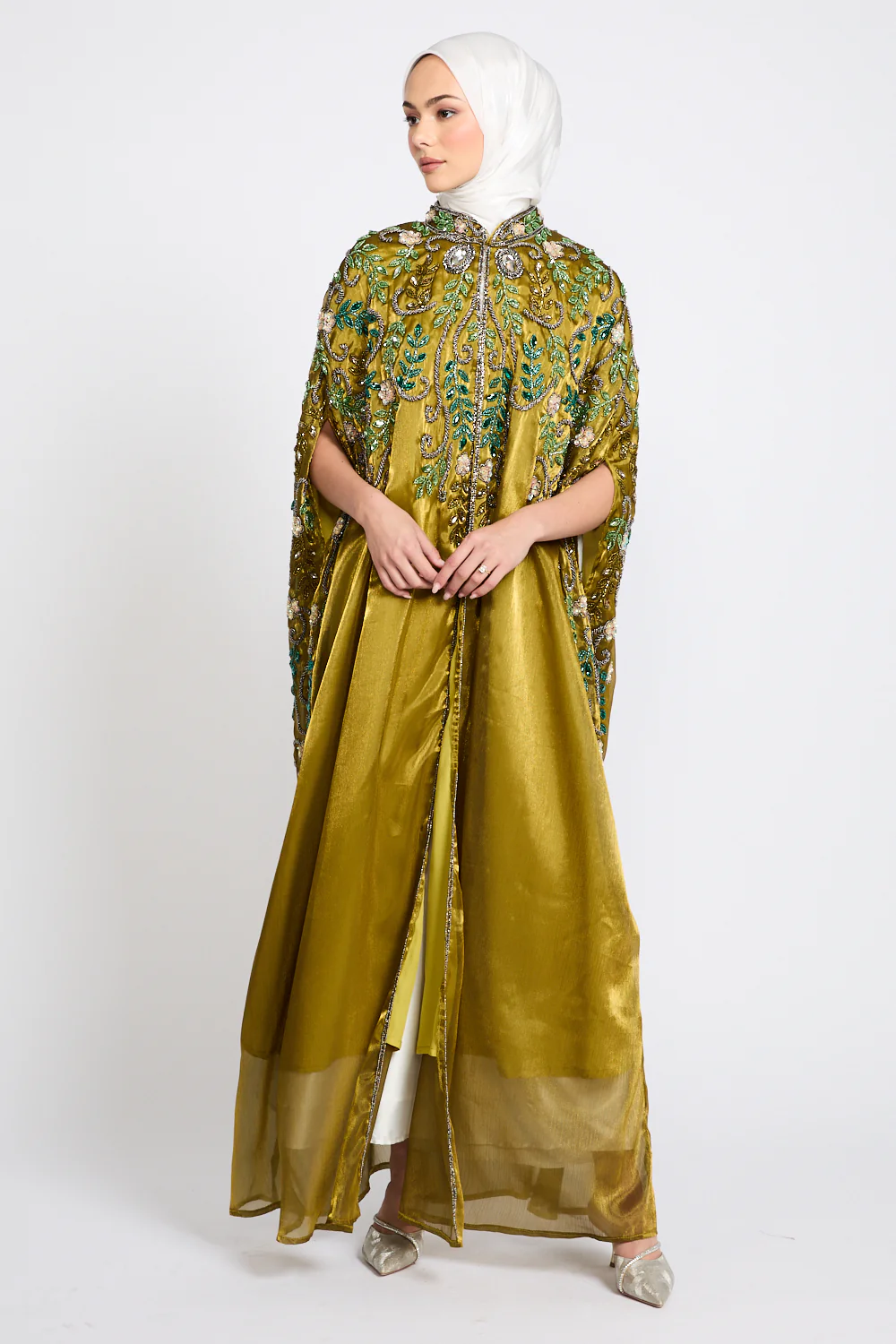 Luxury Bejewelled Cape - Golden Olive - Image 9