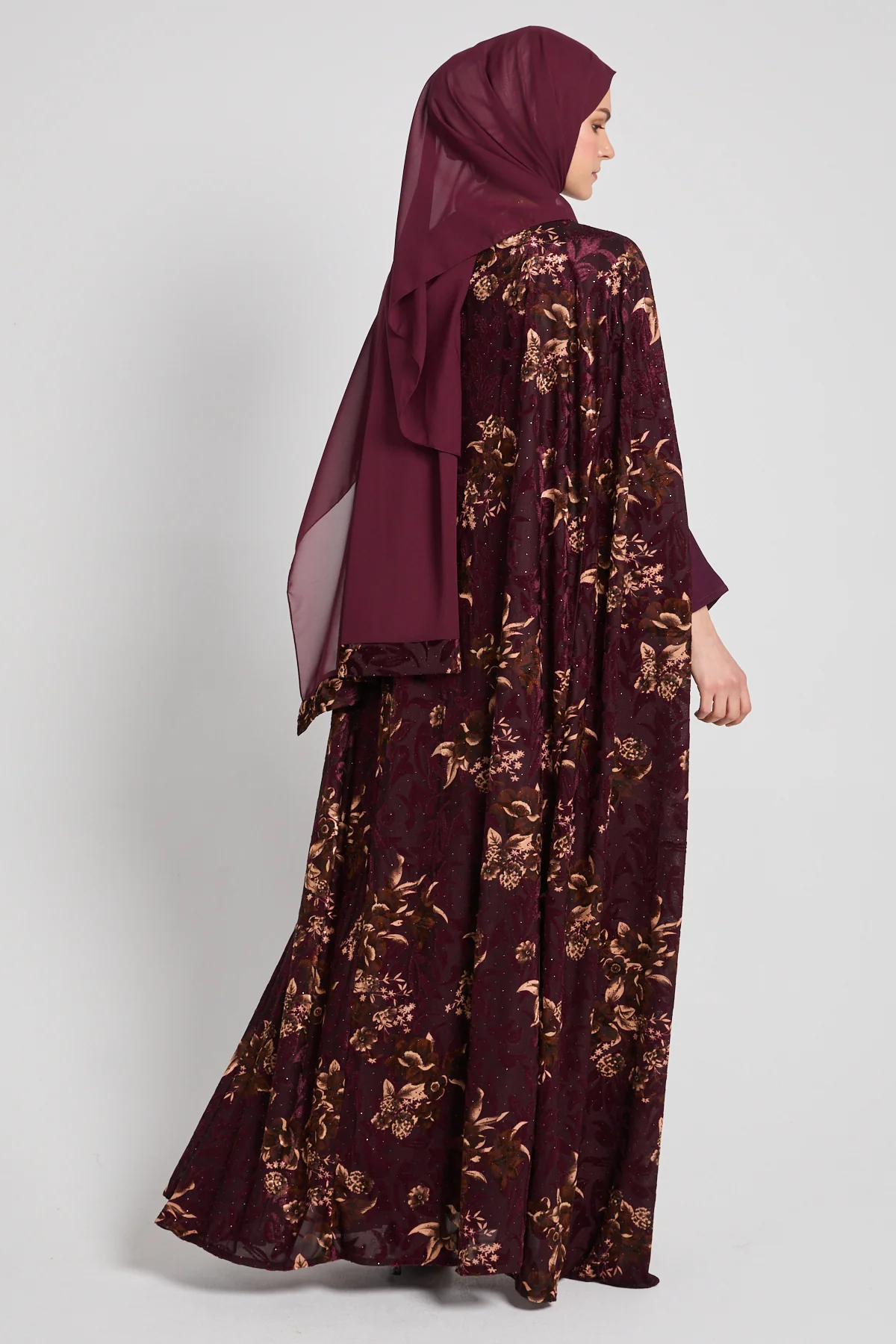 Luxury Bloom Royale Four Piece Cape Abaya - Burgundy - Image 4