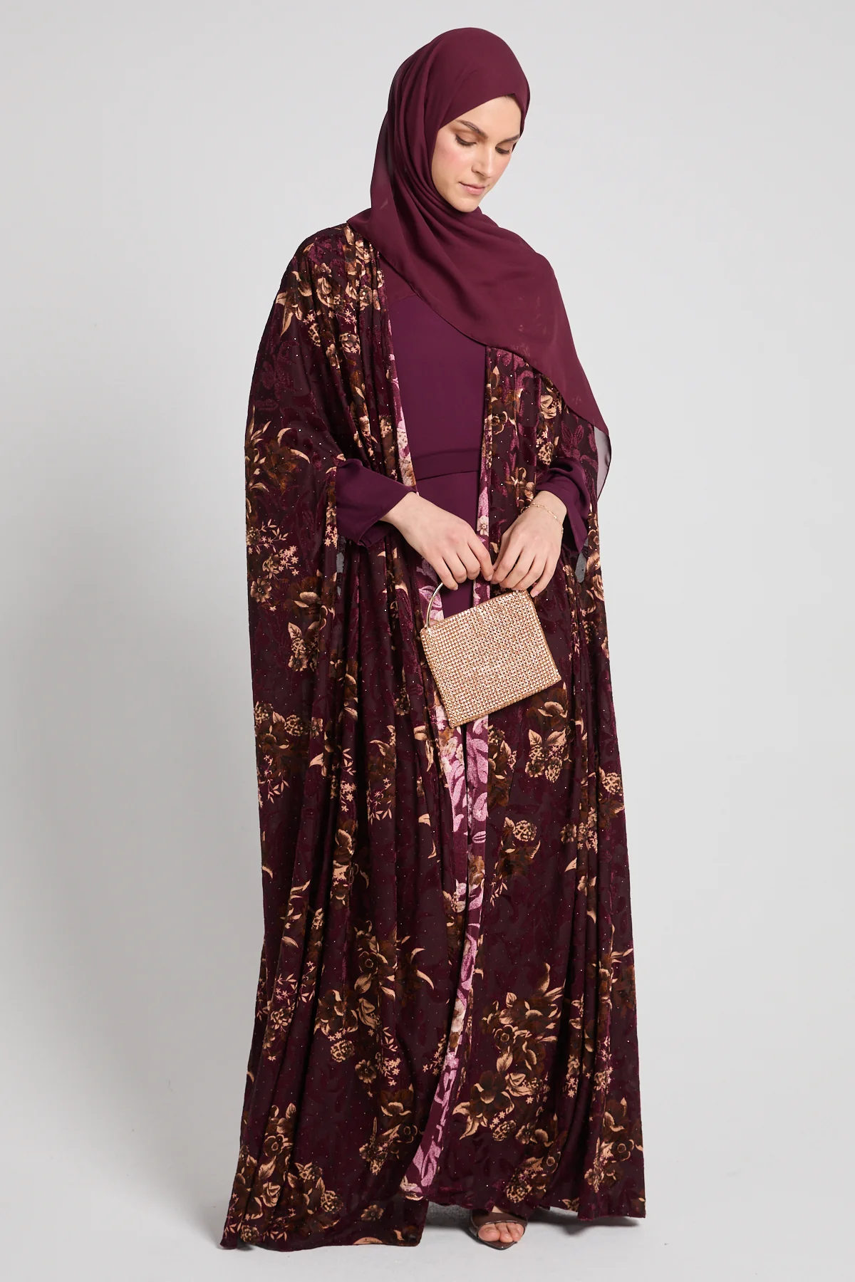 Luxury Bloom Royale Four Piece Cape Abaya - Burgundy - Image 6