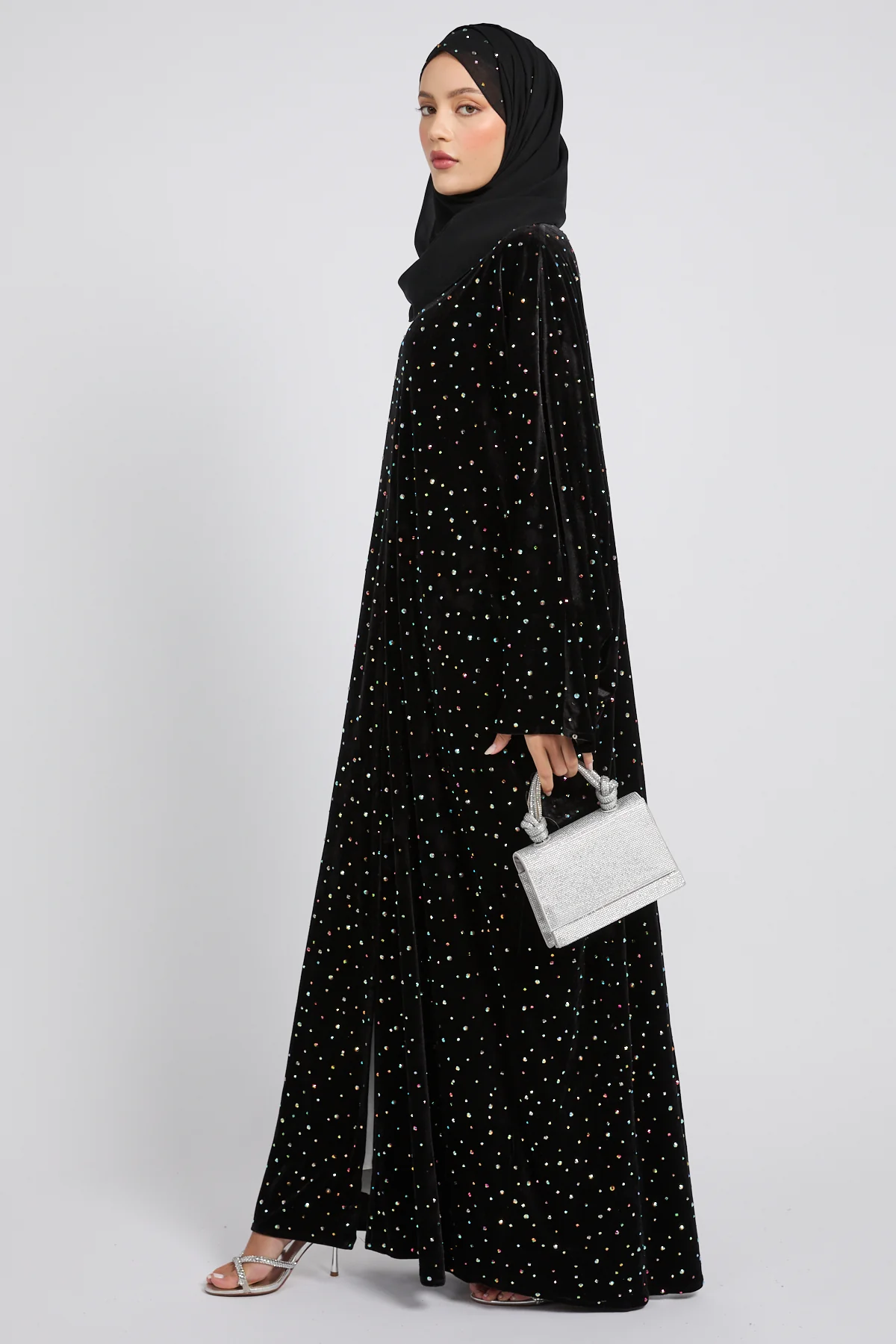 Luxury Celestial Velvet Open Abaya – Black