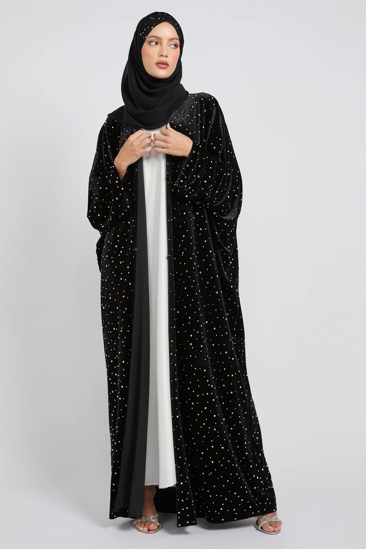 Luxury Celestial Velvet Open Abaya – Black - Image 4