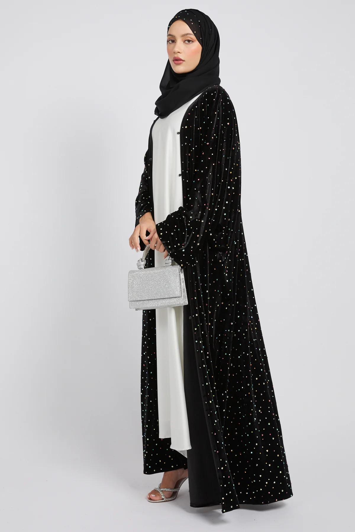 Luxury Celestial Velvet Open Abaya – Black - Image 8