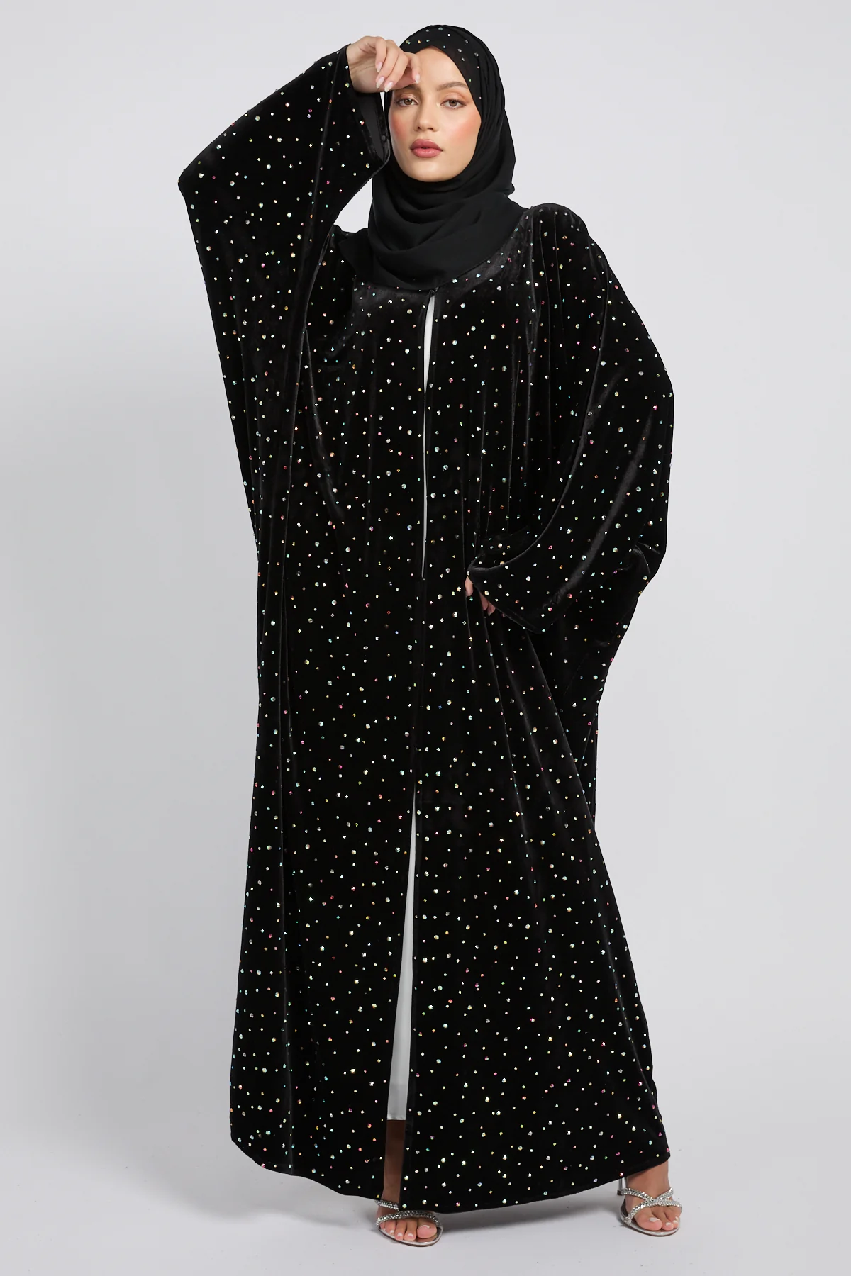 Luxury Celestial Velvet Open Abaya – Black - Image 9