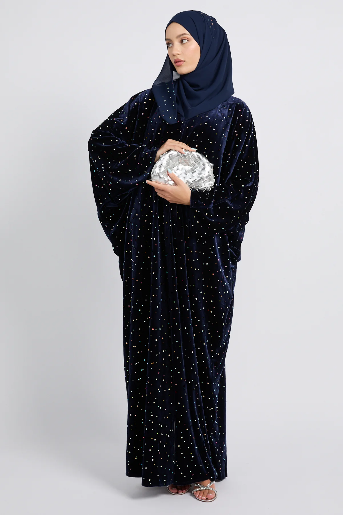 Luxury Celestial Velvet Open Abaya – Midnight Navy