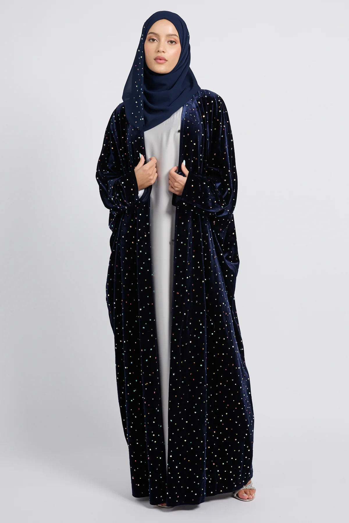 Luxury Celestial Velvet Open Abaya – Midnight Navy - Image 3