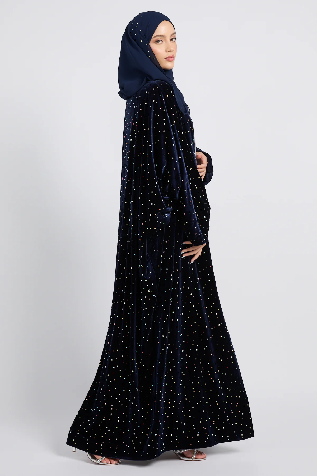 Luxury Celestial Velvet Open Abaya – Midnight Navy - Image 4
