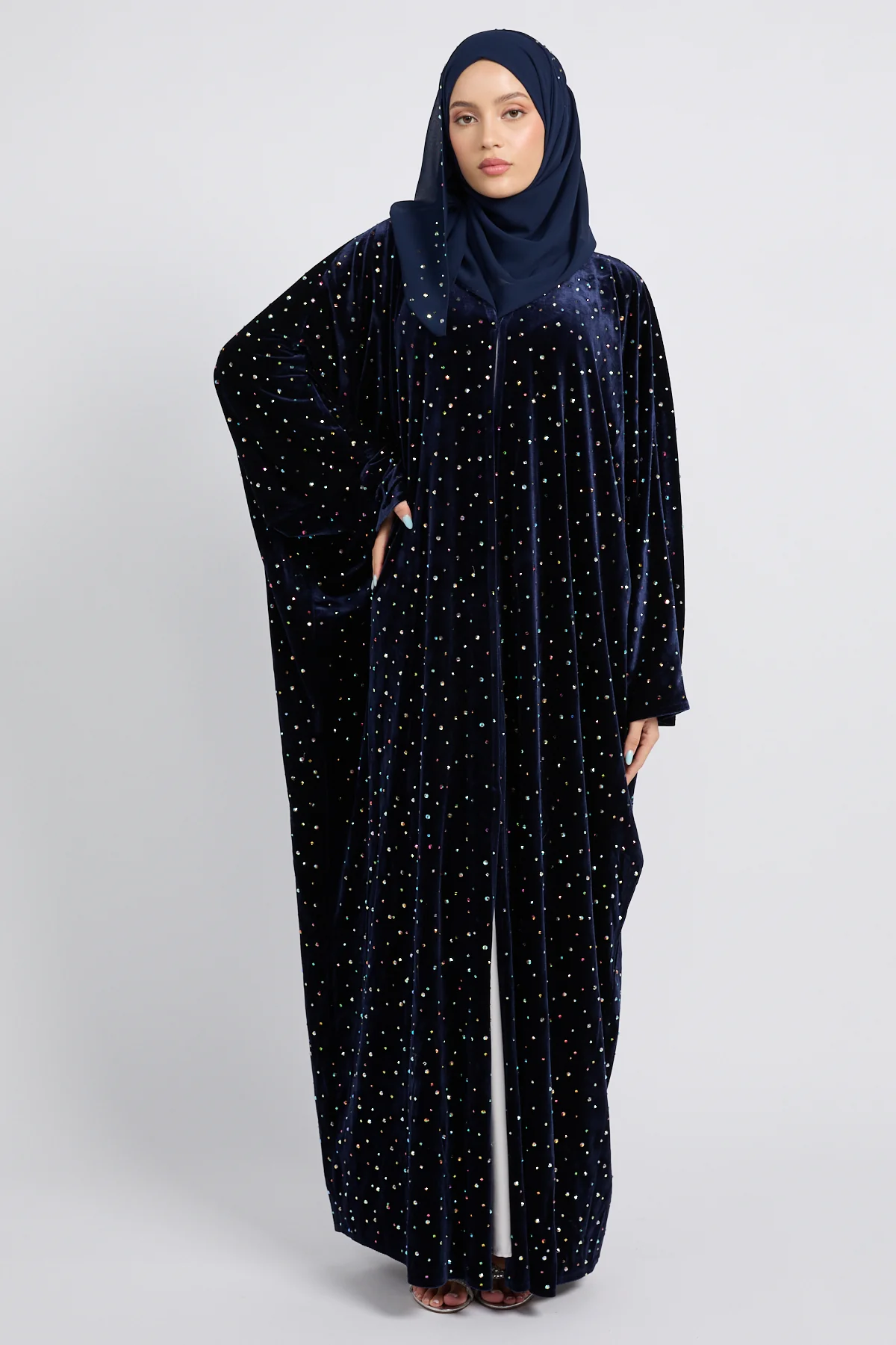 Luxury Celestial Velvet Open Abaya – Midnight Navy - Image 9