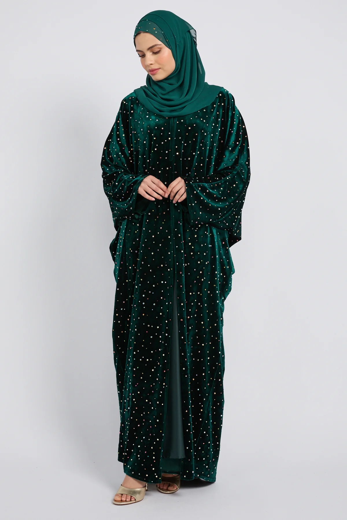 Luxury Celestial Velvet Open Abaya – Royal Emerald