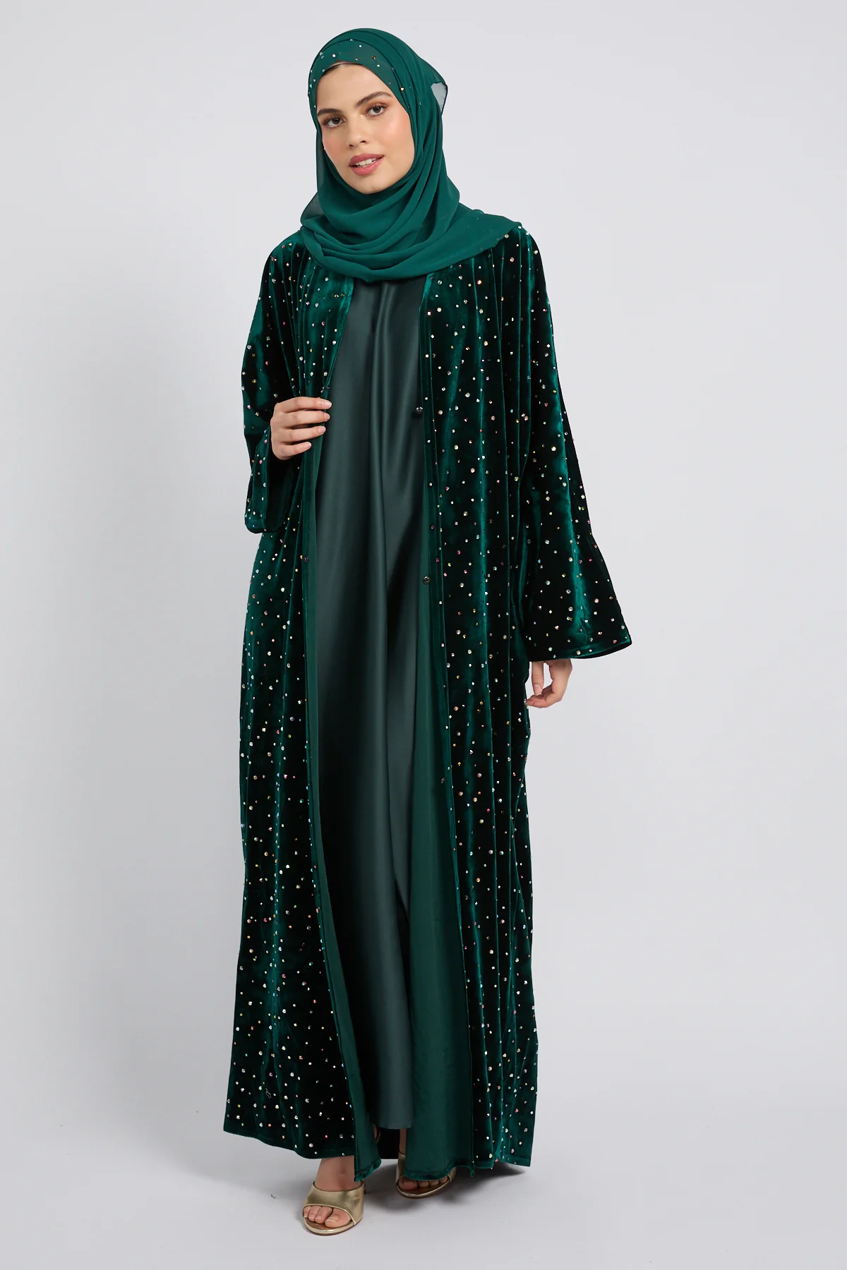 Luxury Celestial Velvet Open Abaya – Royal Emerald - Image 3