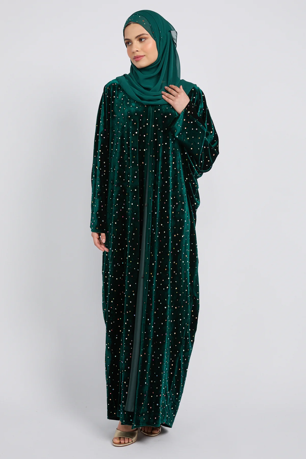 Luxury Celestial Velvet Open Abaya – Royal Emerald - Image 5