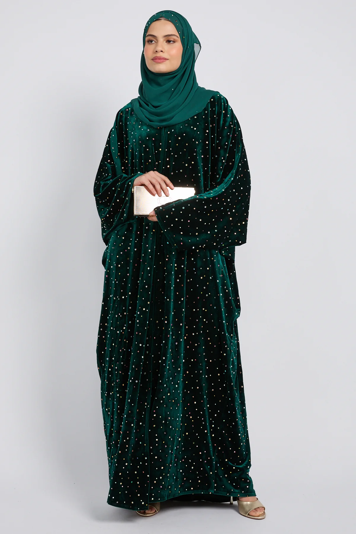 Luxury Celestial Velvet Open Abaya – Royal Emerald - Image 6