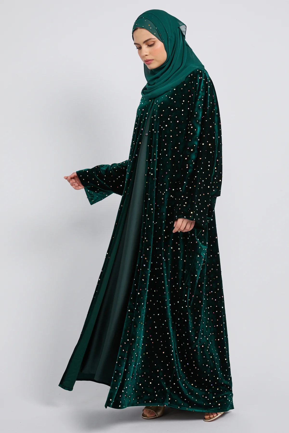 Luxury Celestial Velvet Open Abaya – Royal Emerald - Image 7