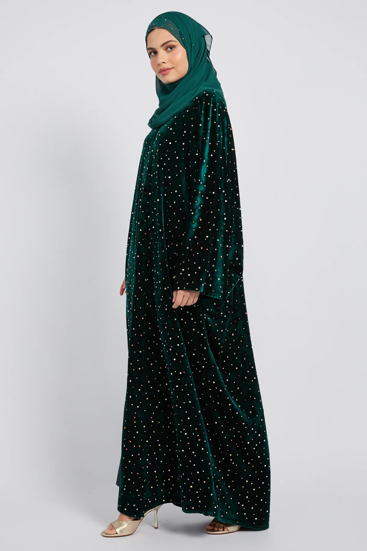 Luxury Celestial Velvet Open Abaya – Royal Emerald - Image 9
