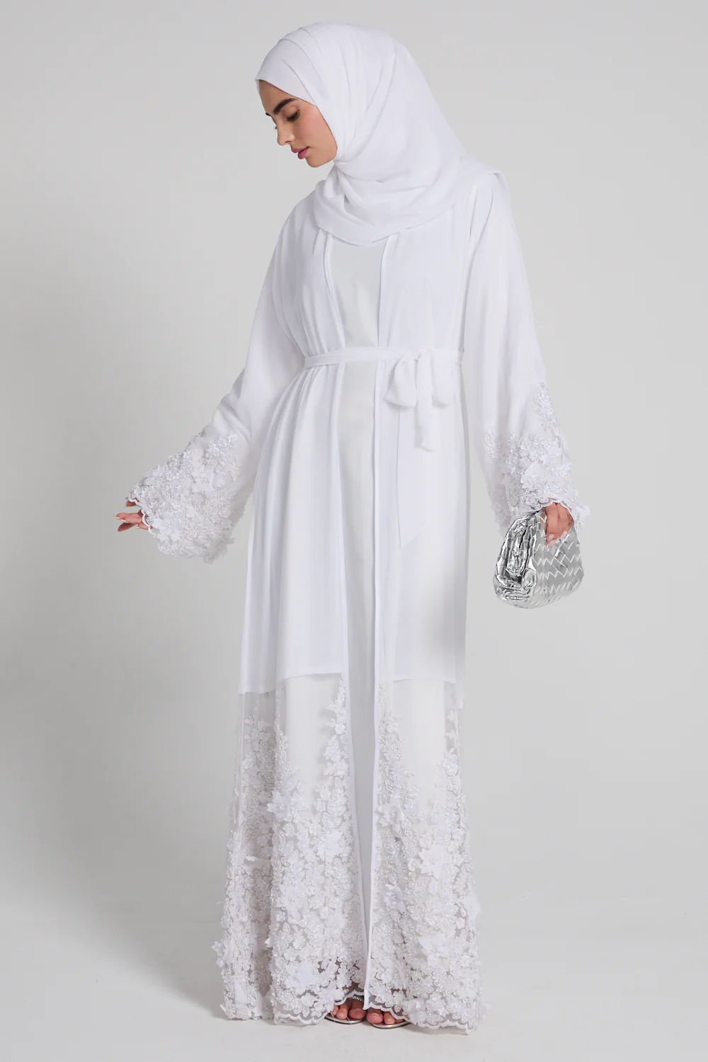 Luxury Chiffon Floral Lace Embellished Open Abaya - White - LIMITED EDITION