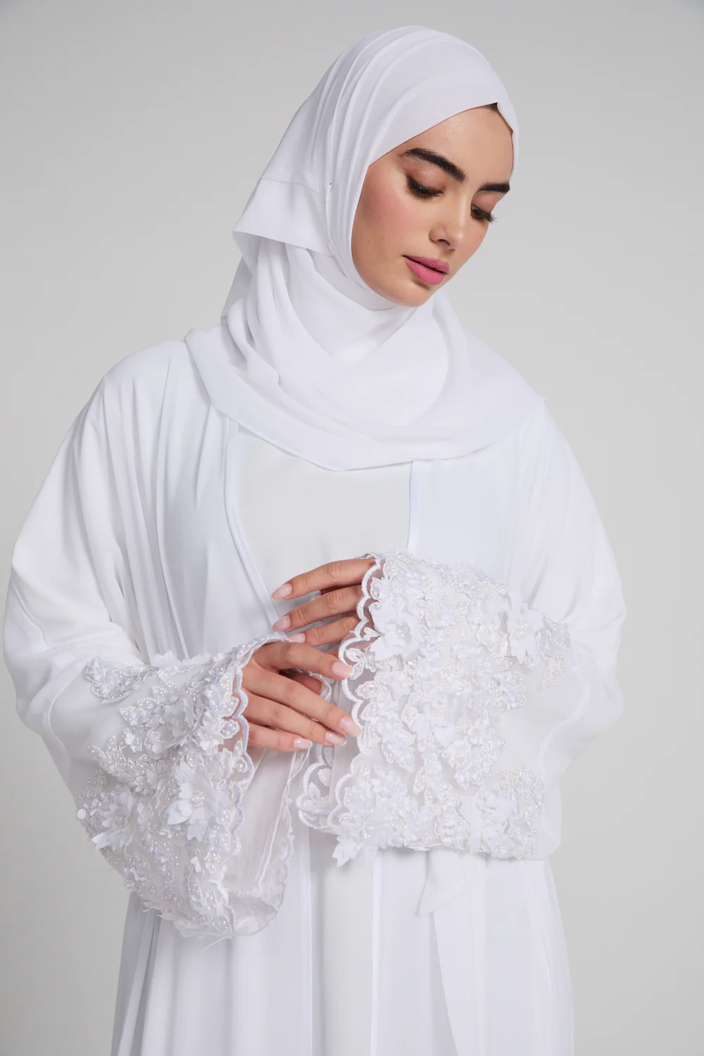 Luxury Chiffon Floral Lace Embellished Open Abaya - White - LIMITED EDITION - Image 2