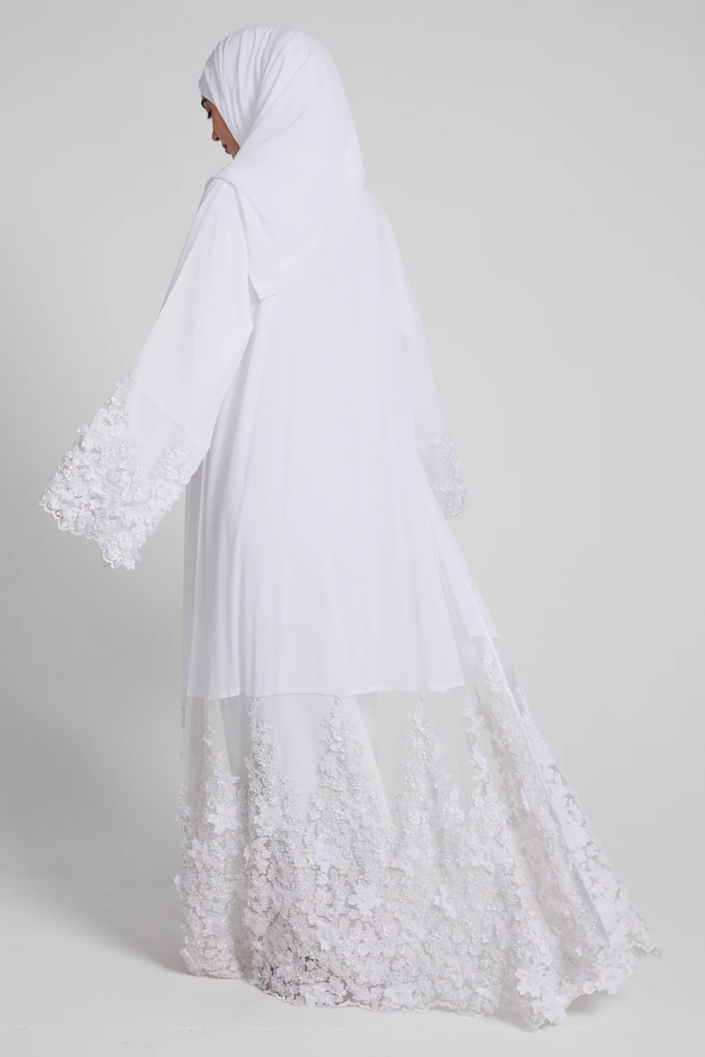 Luxury Chiffon Floral Lace Embellished Open Abaya - White - LIMITED EDITION - Image 3