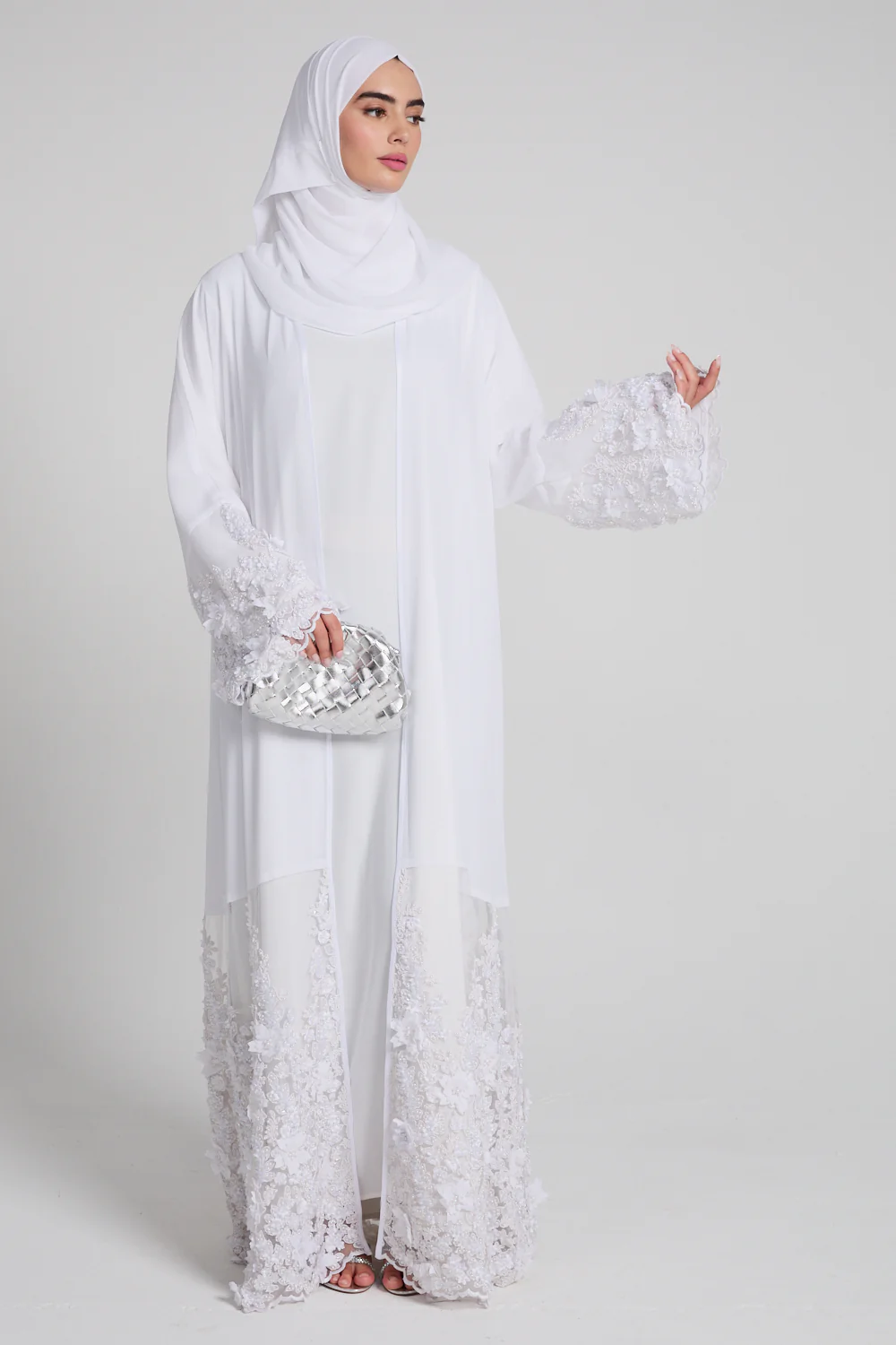 Luxury Chiffon Floral Lace Embellished Open Abaya - White - LIMITED EDITION - Image 4