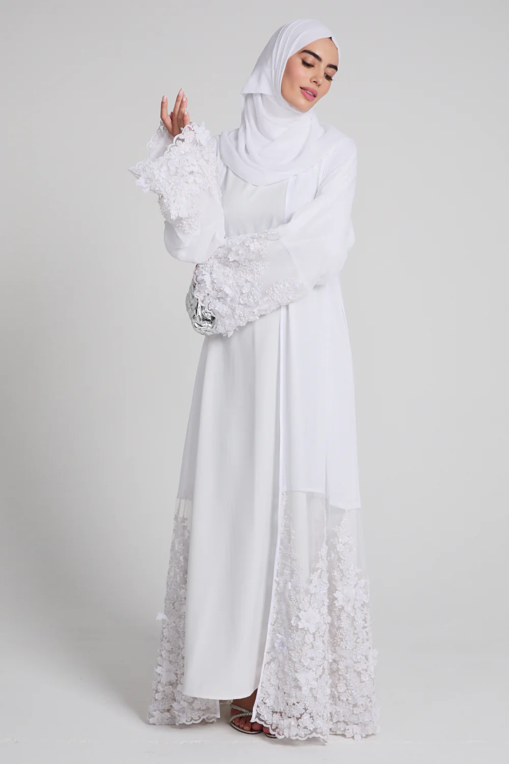 Luxury Chiffon Floral Lace Embellished Open Abaya - White - LIMITED EDITION - Image 5