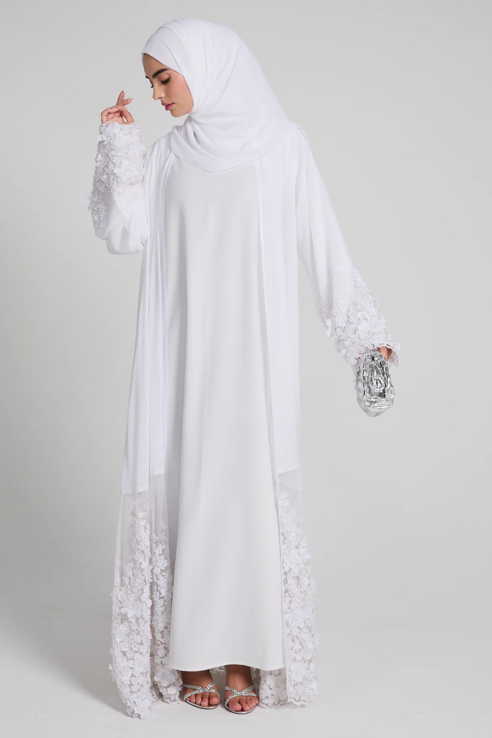 Luxury Chiffon Floral Lace Embellished Open Abaya - White - LIMITED EDITION - Image 6