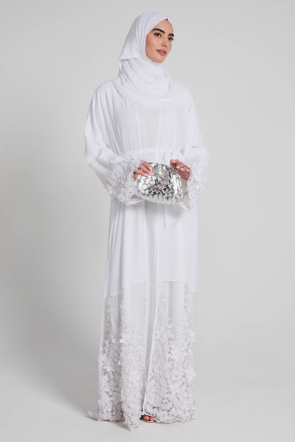 Luxury Chiffon Floral Lace Embellished Open Abaya - White - LIMITED EDITION - Image 7