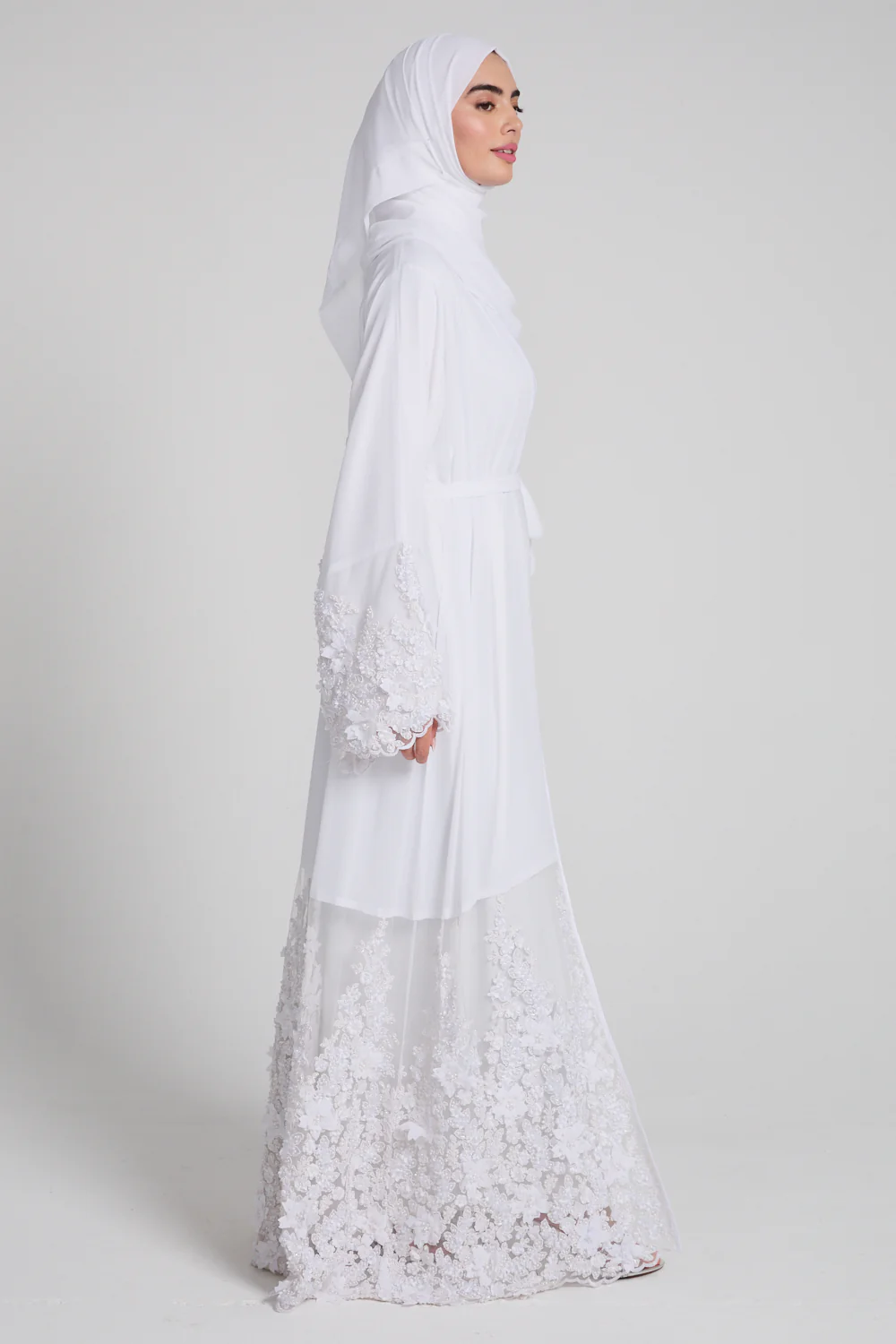 Luxury Chiffon Floral Lace Embellished Open Abaya - White - LIMITED EDITION - Image 8