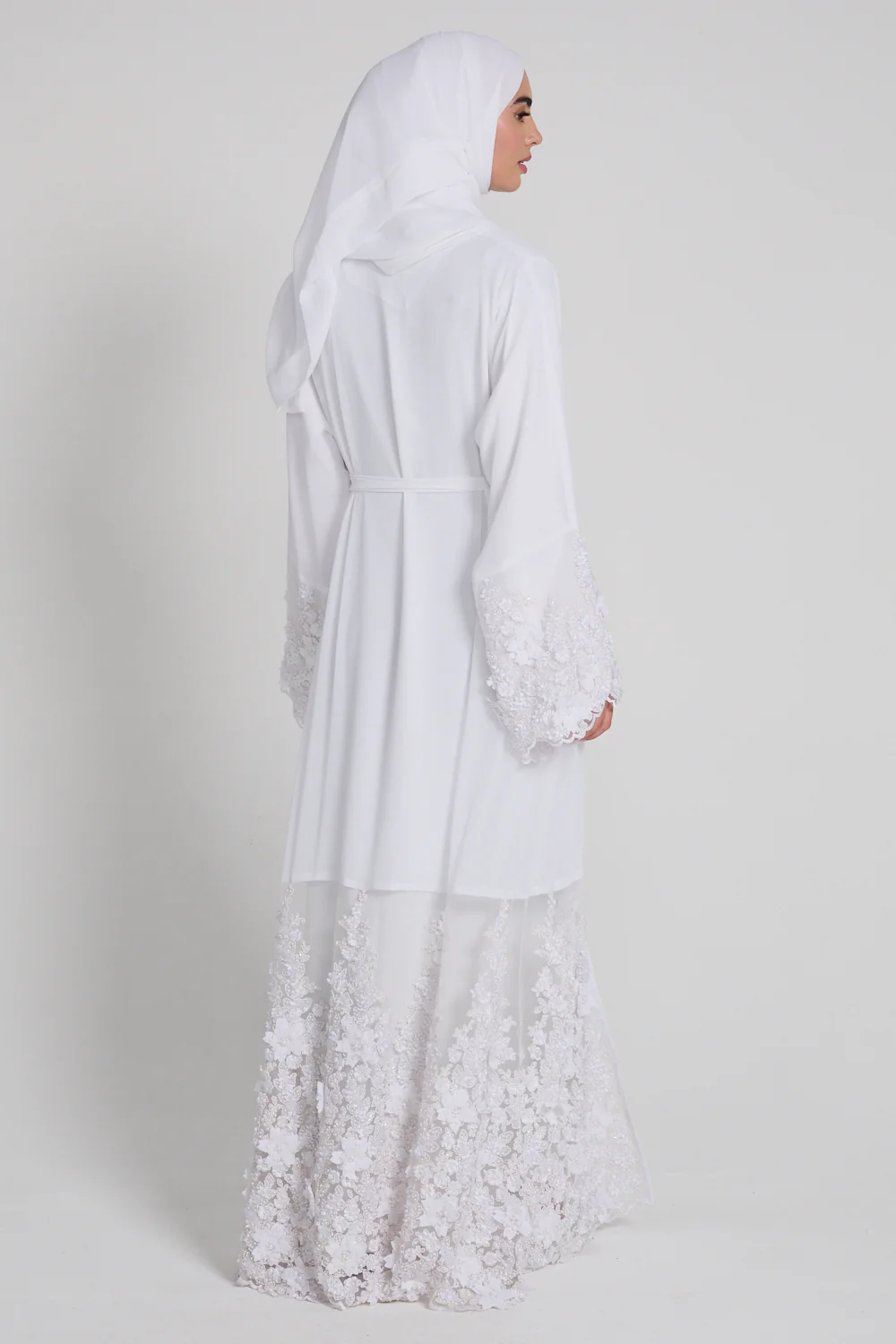 Luxury Chiffon Floral Lace Embellished Open Abaya - White - LIMITED EDITION - Image 9