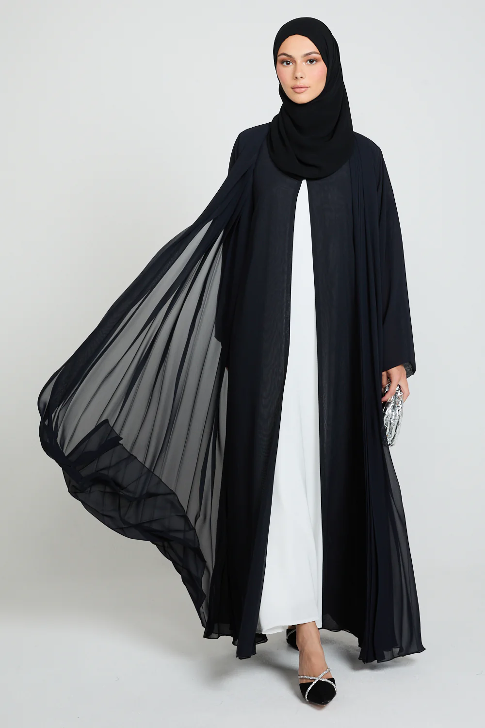 Luxury Chiffon Open Abaya with Pleated Detailing - Black