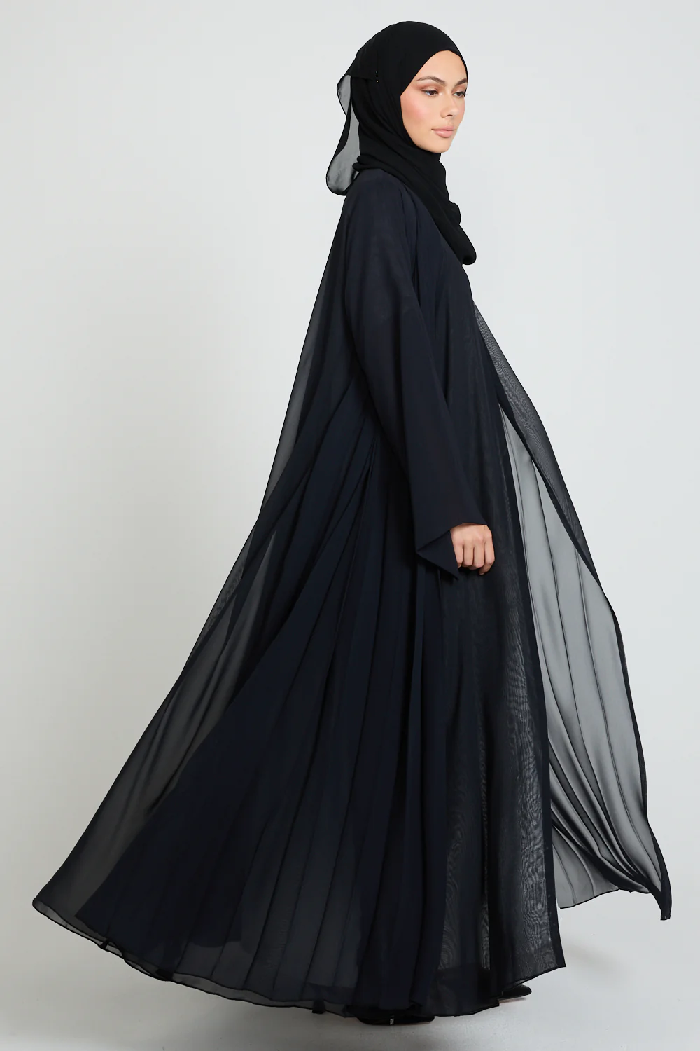 Luxury Chiffon Open Abaya with Pleated Detailing - Black - Image 5