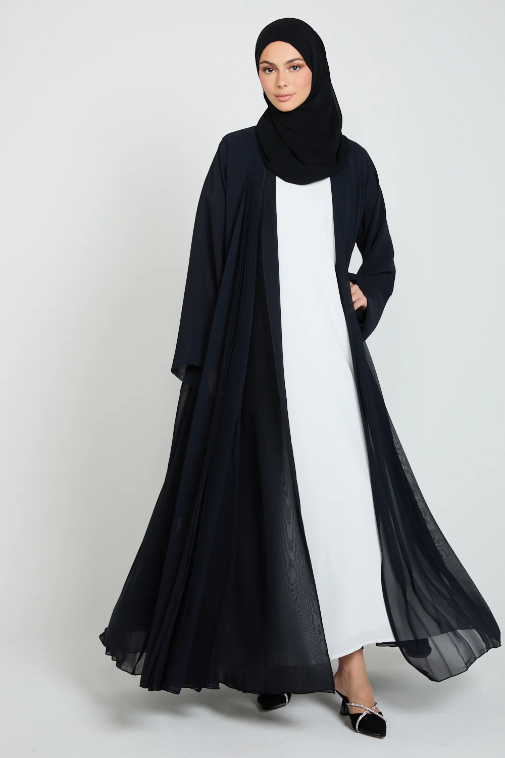 Luxury Chiffon Open Abaya with Pleated Detailing - Black - Image 6