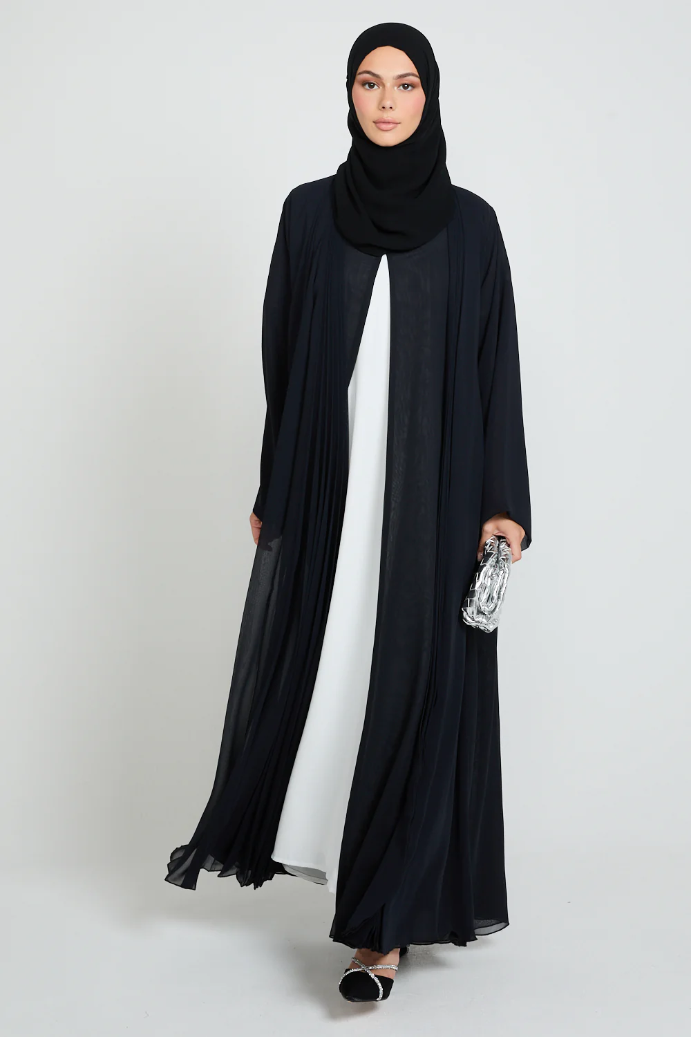 Luxury Chiffon Open Abaya with Pleated Detailing - Black - Image 7