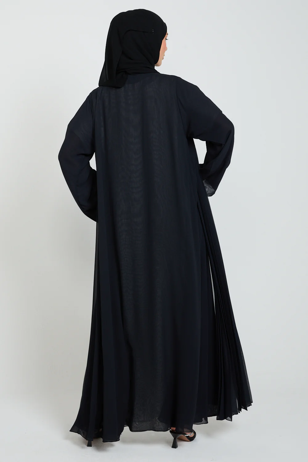 Luxury Chiffon Open Abaya with Pleated Detailing - Black - Image 8