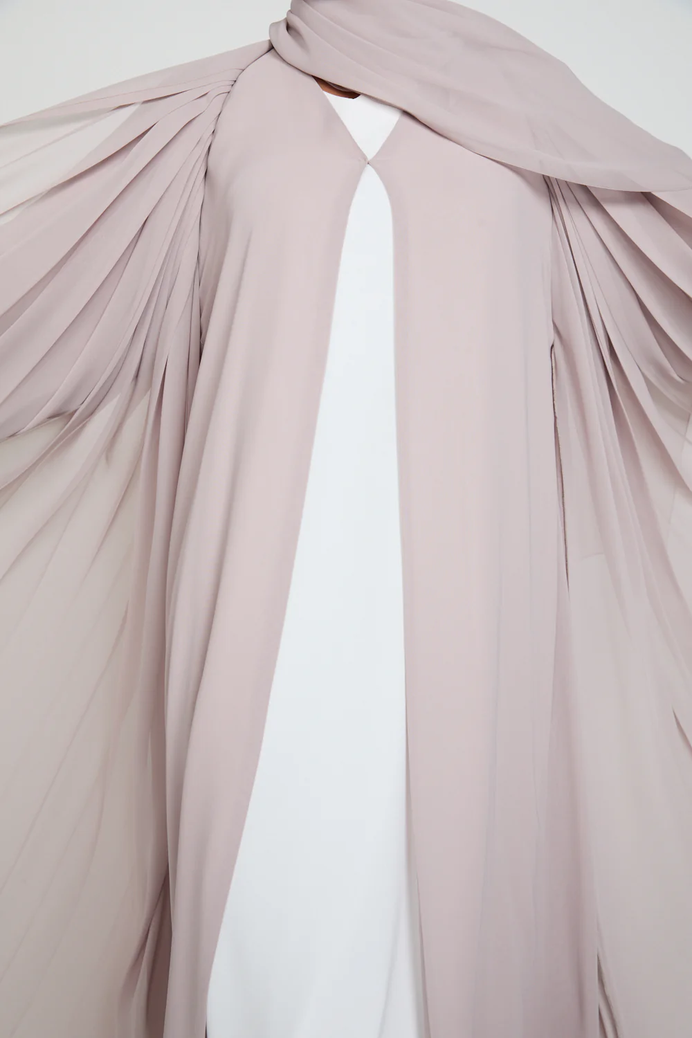 Luxury Chiffon Open Abaya with Pleated Detailing - Rose Dust - Image 4