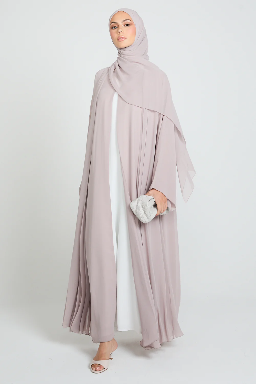 Luxury Chiffon Open Abaya with Pleated Detailing - Rose Dust - Image 7