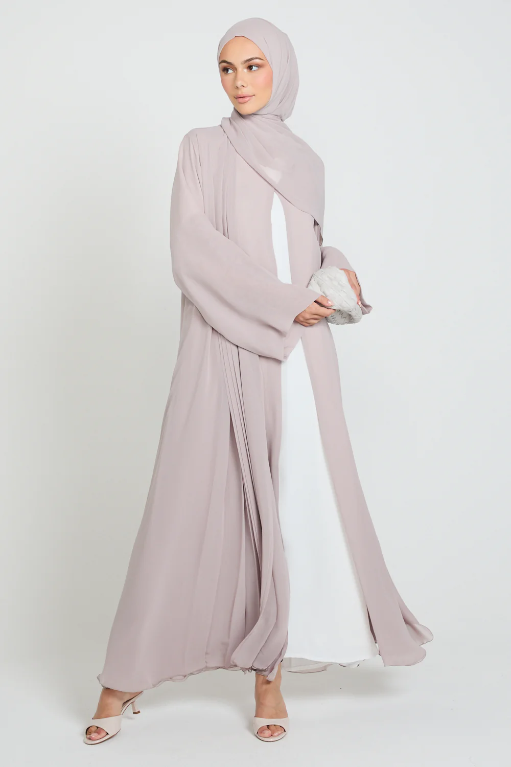 Luxury Chiffon Open Abaya with Pleated Detailing - Rose Dust - Image 9