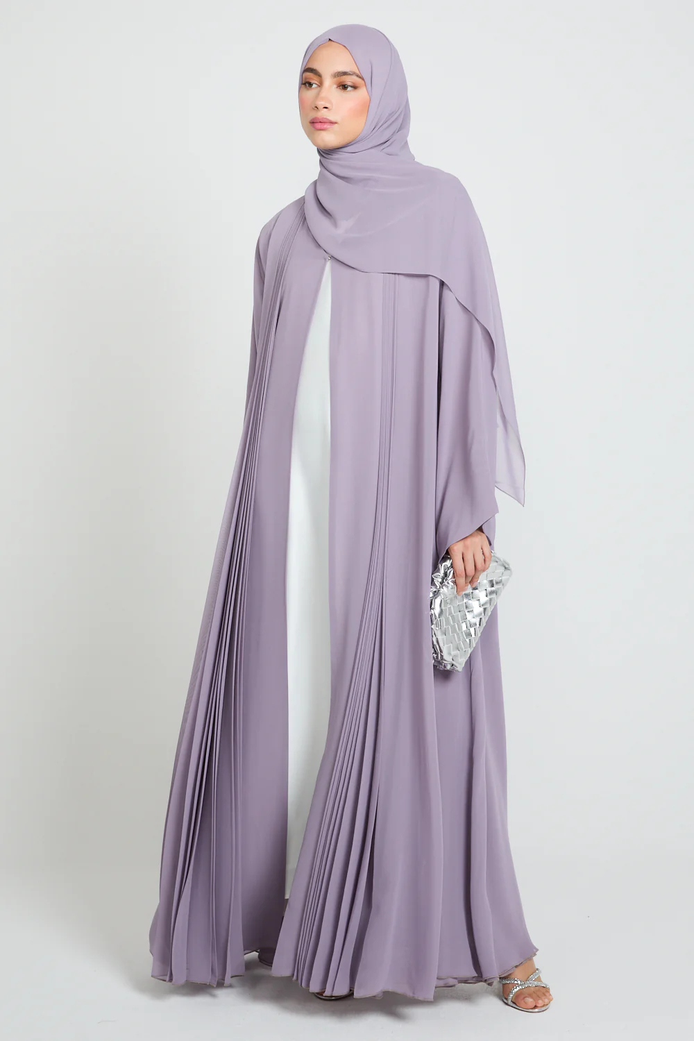 Luxury Chiffon Open Abaya with Pleated Detailing - Royal Lilac
