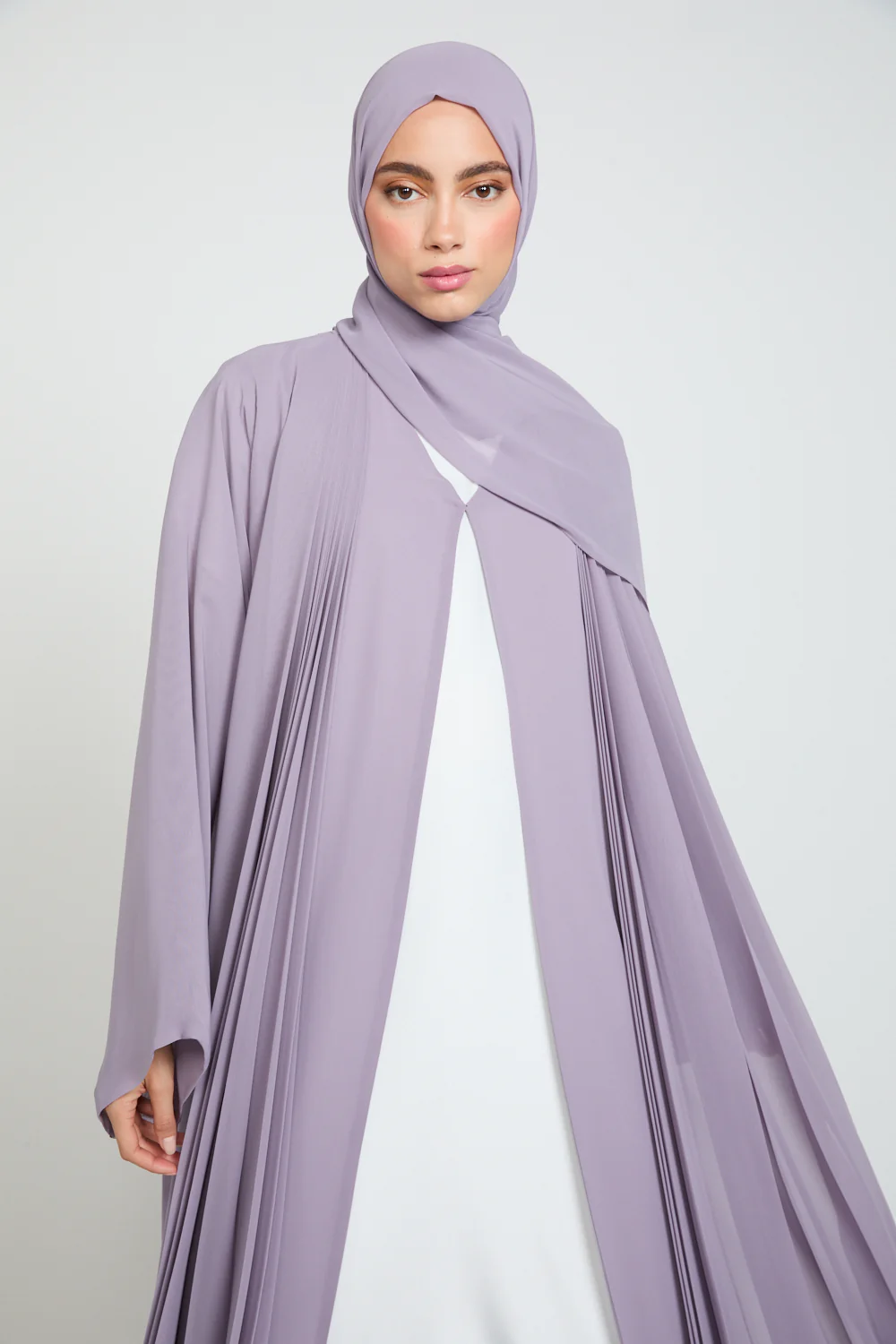 Luxury Chiffon Open Abaya with Pleated Detailing - Royal Lilac - Image 2