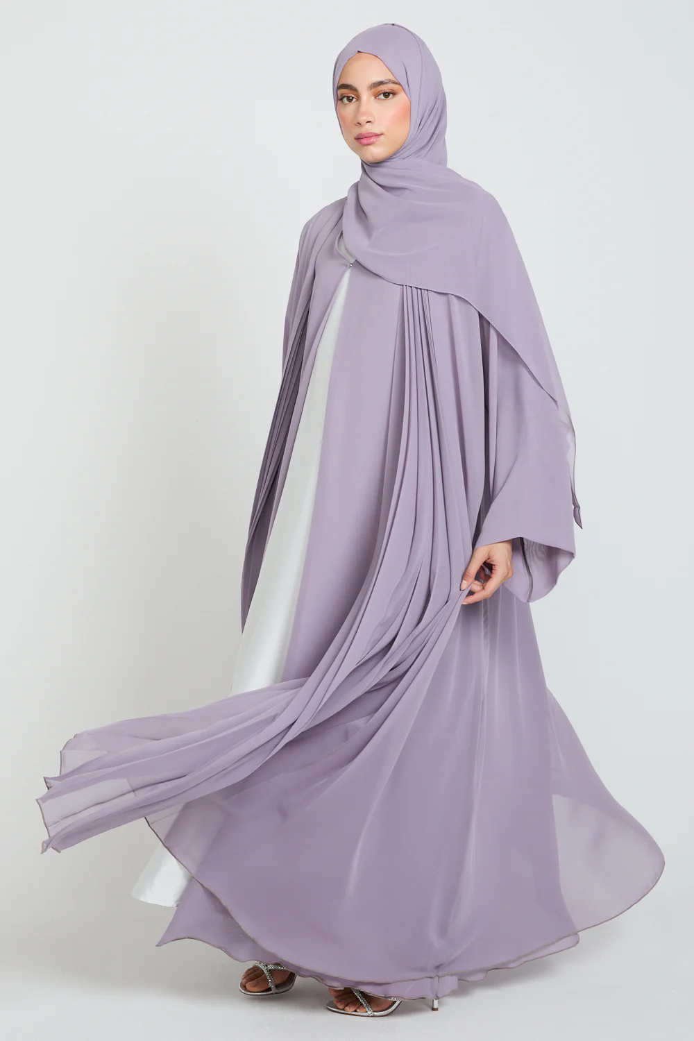 Luxury Chiffon Open Abaya with Pleated Detailing - Royal Lilac - Image 3