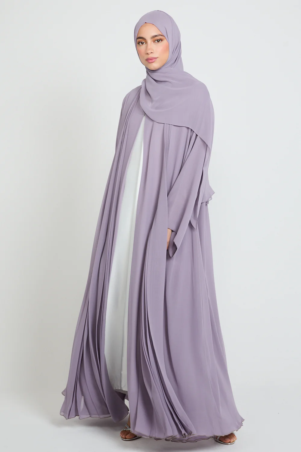 Luxury Chiffon Open Abaya with Pleated Detailing - Royal Lilac - Image 5