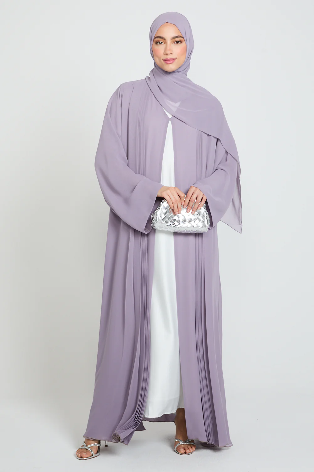 Luxury Chiffon Open Abaya with Pleated Detailing - Royal Lilac - Image 6