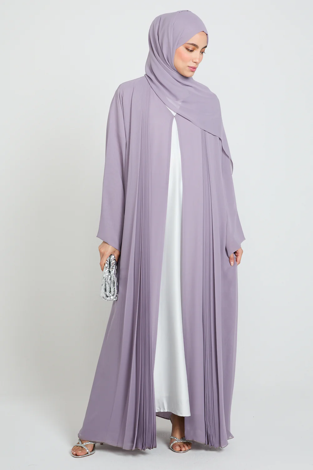 Luxury Chiffon Open Abaya with Pleated Detailing - Royal Lilac - Image 7