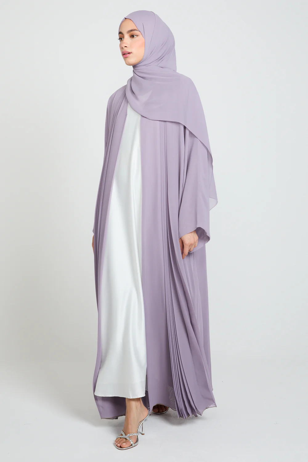 Luxury Chiffon Open Abaya with Pleated Detailing - Royal Lilac - Image 8